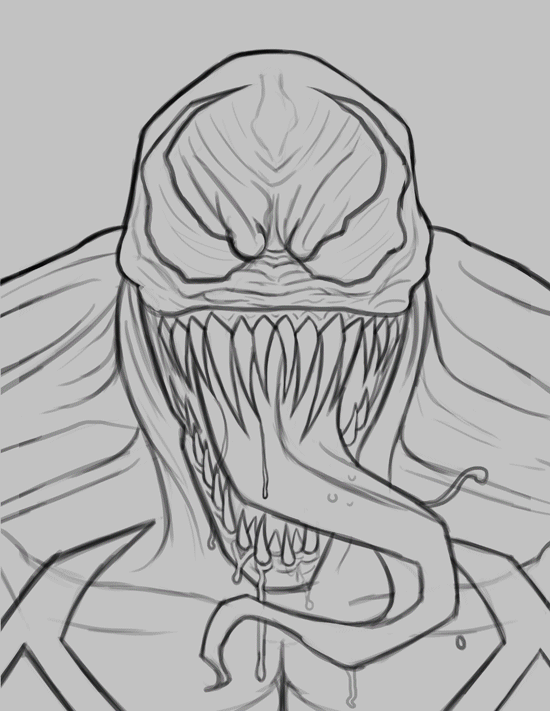 Black and white drawing of a monstrous creature with an elongated head, sharp teeth, and a long, muscular tongue.