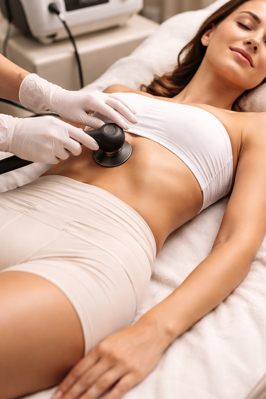 Frau liegt entspannt im Behandlungsbett und bekommt eine Laserbehandlung am Bauch durch medizinisches Personal mit weißen Handschuhen.