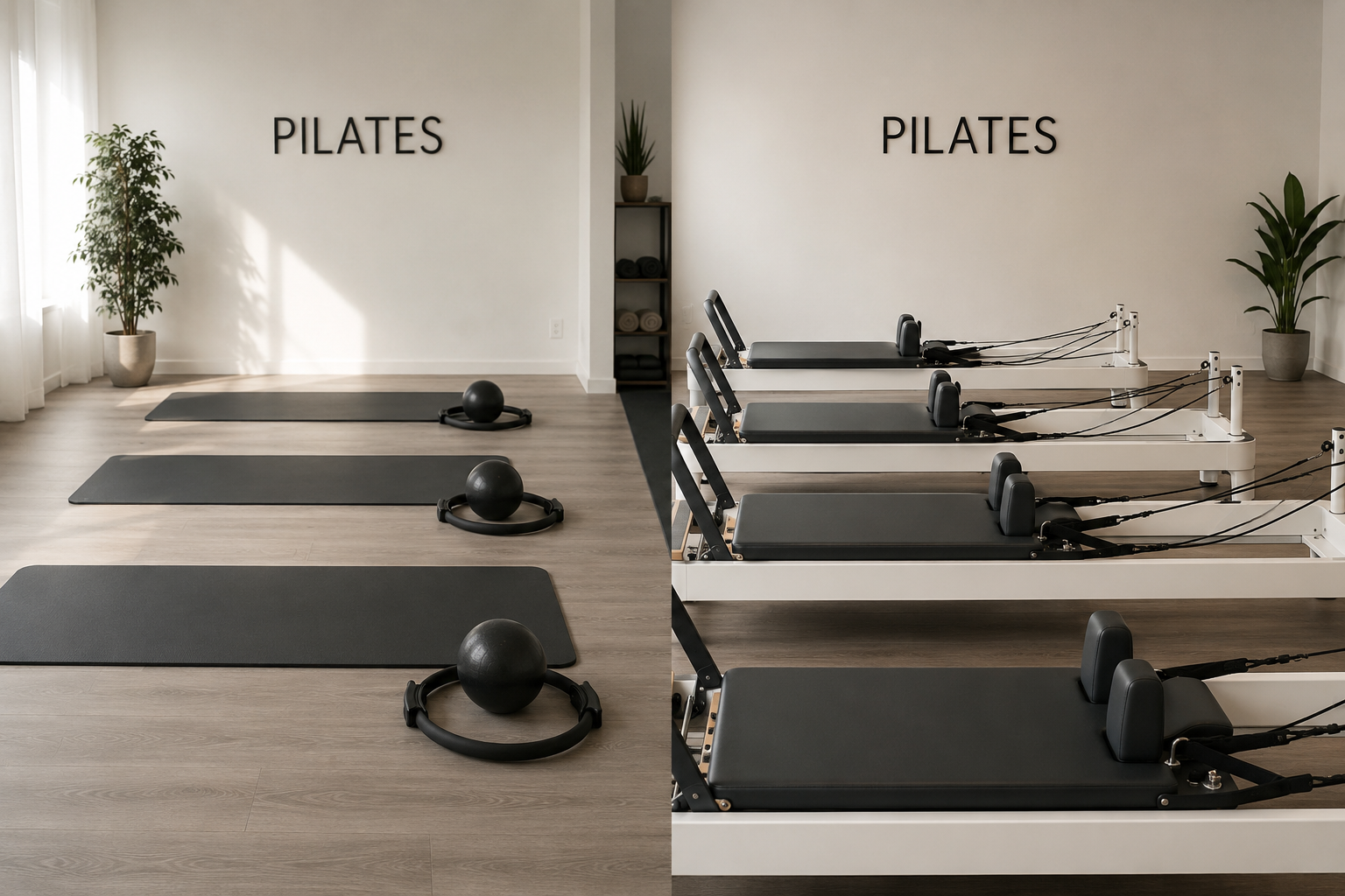 Vergleich Pilates-Studio: Matten mit Pilates-Ring auf der linken Seite, Reformer-Geräte auf der rechten Seite
