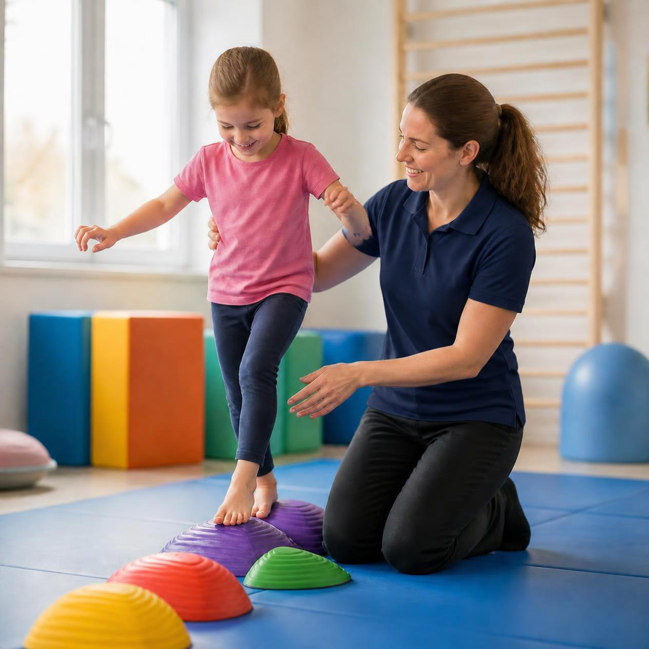 Physiotherapeutin unterstützt ein Mädchen beim Balancieren auf bunten Balance-Pads während der Kinderphysiotherapie