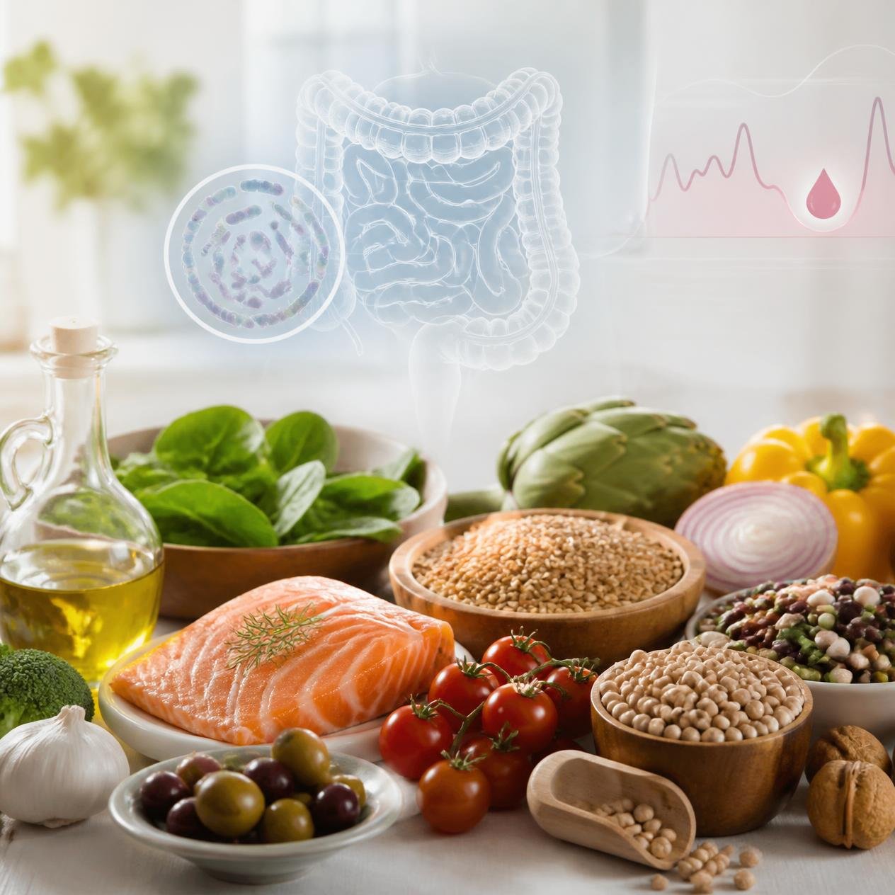 Mediterrane Lebensmittel wie Gemüse, Olivenöl, Fisch und Vollkornbrot mit grafischer Darstellung von Darm und Darmbakterien im Hintergrund – Symbolbild für den Zusammenhang zwischen mediterraner Ernährung, Darmmikrobiom und Typ-2-Diabetes