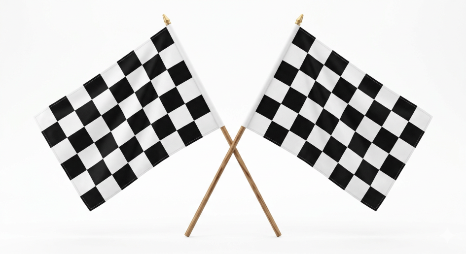 Two checkered racing flags crossed against a white background.
