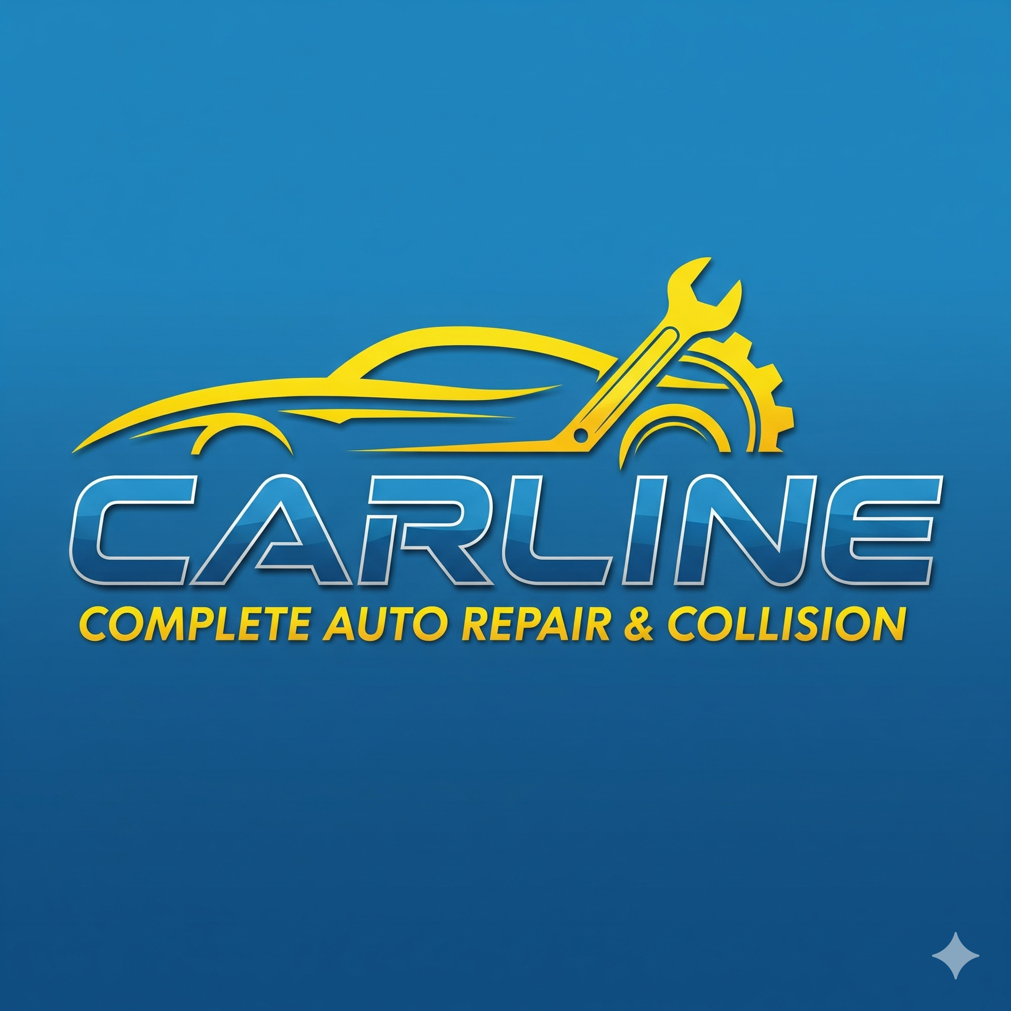 Business logo for Carline, an auto repair and collision shop, featuring a stylized car outline with a wrench and gear, and the text 'Carline Complete Auto Repair & Collision'.