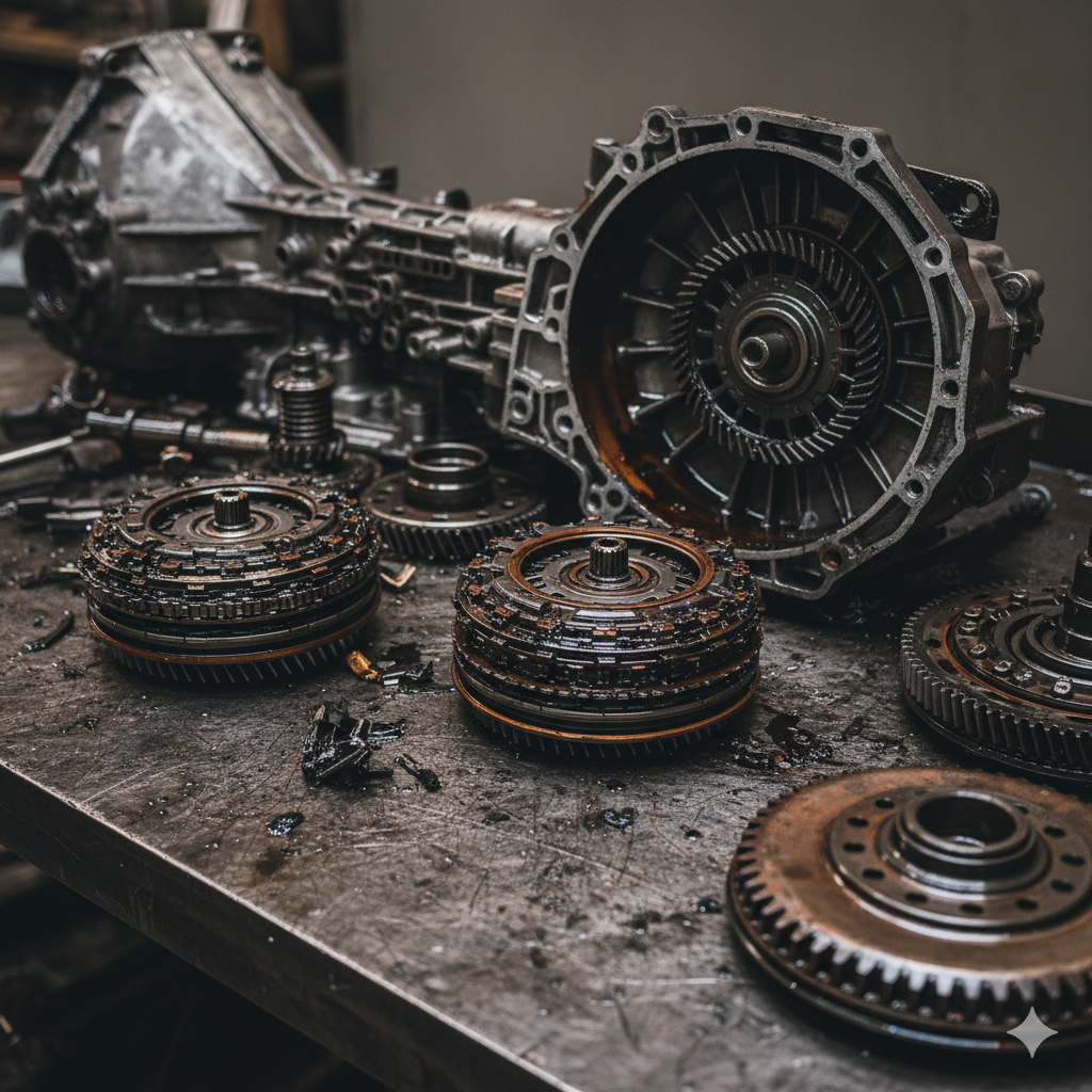 Disassembled automotive transmission parts on a workbench.