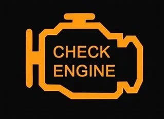 Illuminated orange check engine light symbol with text 'CHECK ENGINE'