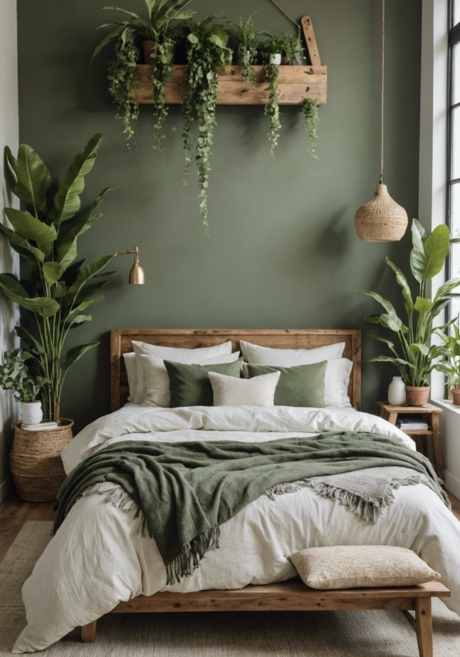 A bedroom with a green wall, wooden bed frame, white and green bedding, and several potted plants. A shelf with plants is above the bed, and a wicker pendant light hangs from the ceiling. There is a large plant on the left side and a smaller plant on a nightstand on the right, near a window.