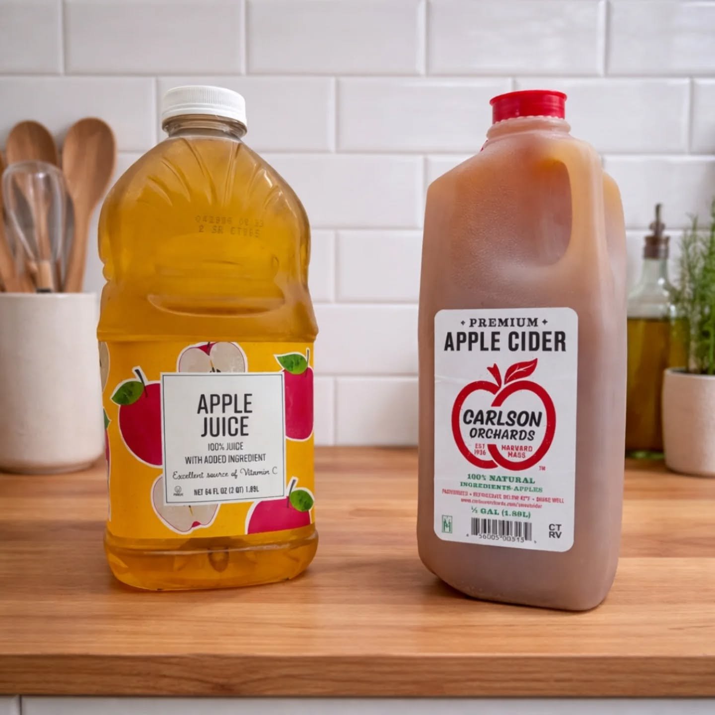 Same apples. Very different story. 🍎

On the left: apple juice&mdash;filtered until you can see right through it.
On the right: cider&mdash;apples, simply pressed and bottled.
Because it&rsquo;s unfiltered, cider keeps more of what naturally comes f