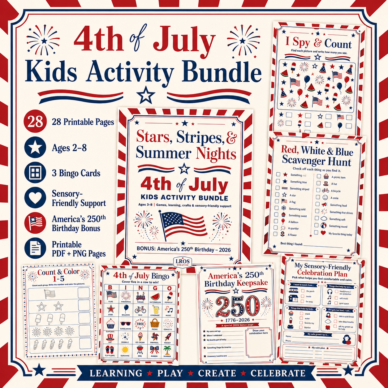 4th of July Kids Activity Bundle, Printable Preschool Games, Bingo Cards, Scavenger Hunt, Sensory Support, America 250 Bonus