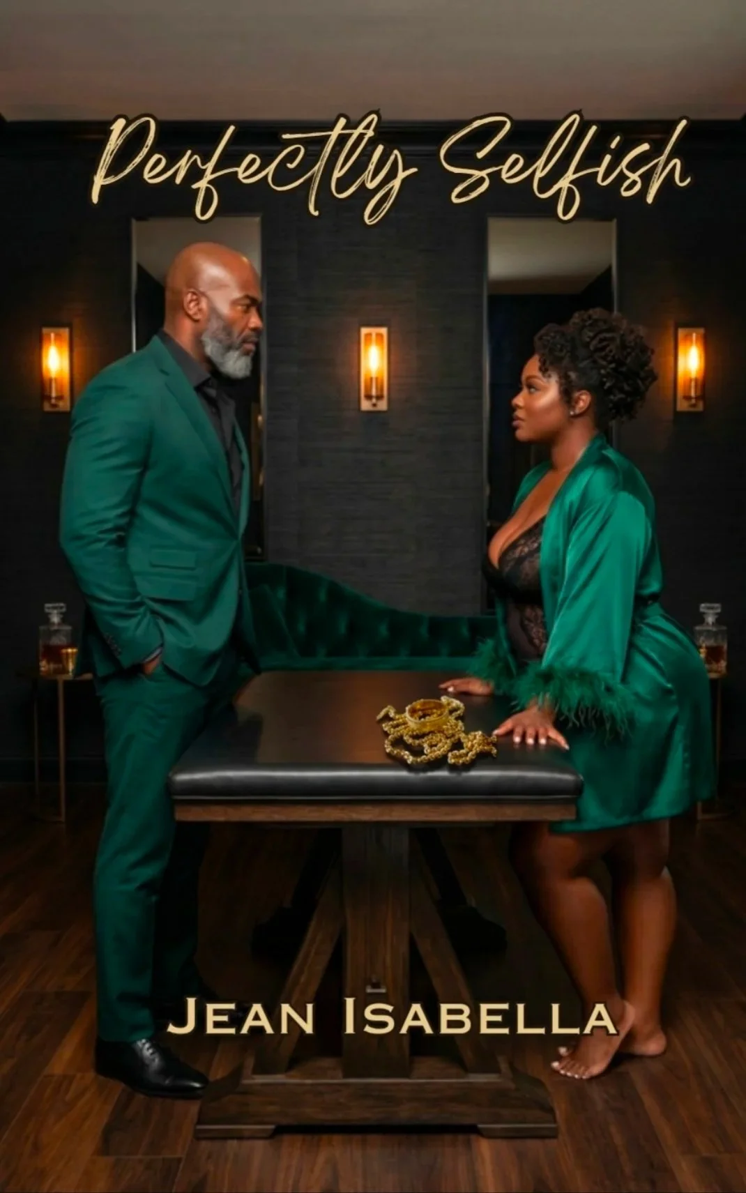 A man and woman facing each other in a dimly lit room with dark walls and warm lighting. The man is wearing a green suit, and the woman is in a green robe with black lace lingerie underneath. A table with gold jewelry is between them. Text on the image reads 'Perfectly Selfish' at the top and 'Jean Isabella' at the bottom.