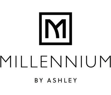 Black background with a white logo featuring a stylized letter M within a square, and the text "MILLENNIUM BY ASHLEY" below.