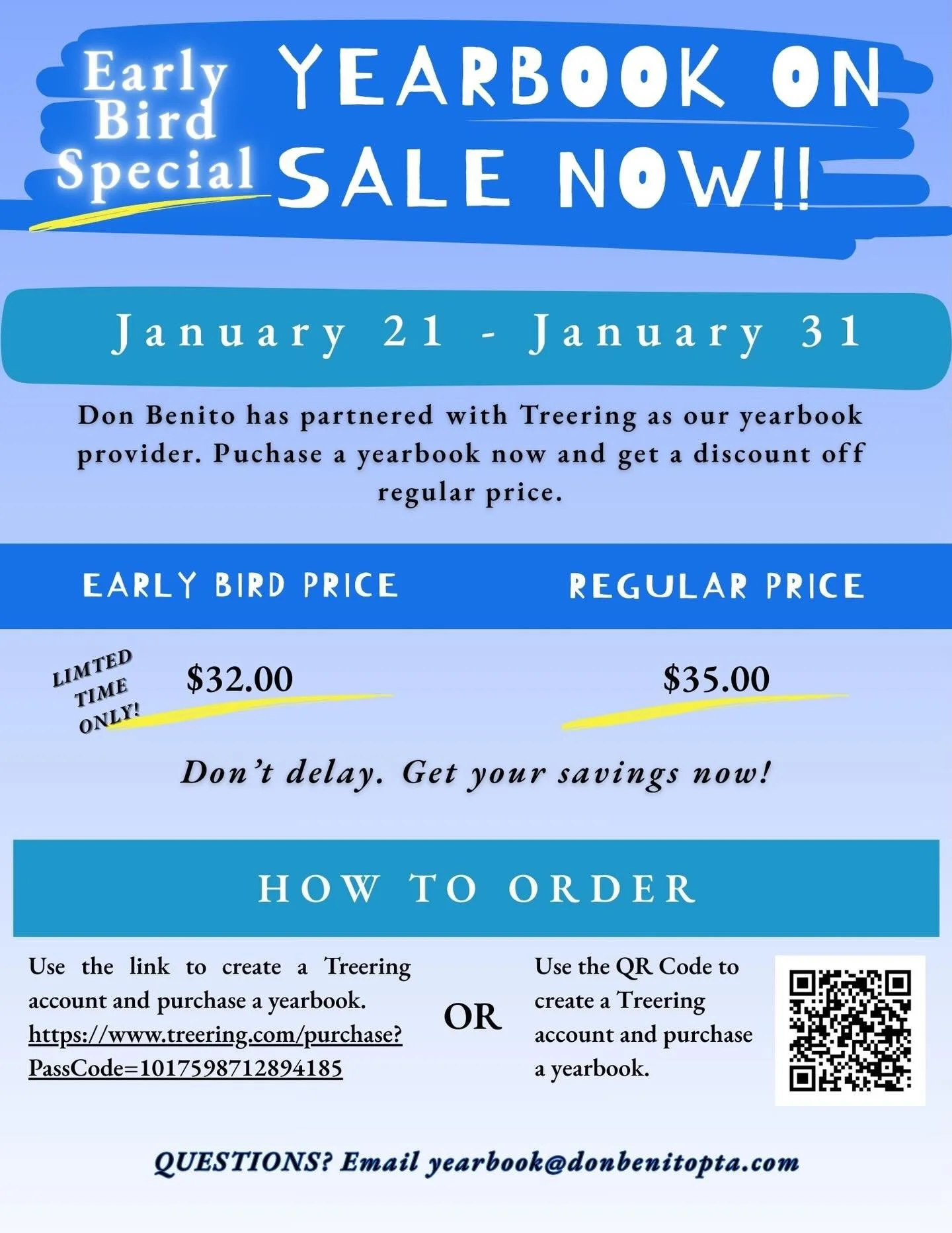 📸Don&rsquo;t miss your chance to secure your student&rsquo;s yearbook at a discounted price! Orders placed by January 31 are eligible for early bird pricing. See the link in our bio to buy yours today! 

#DonBenitoBobcats #DonBenitoPTA #schoolyearbo