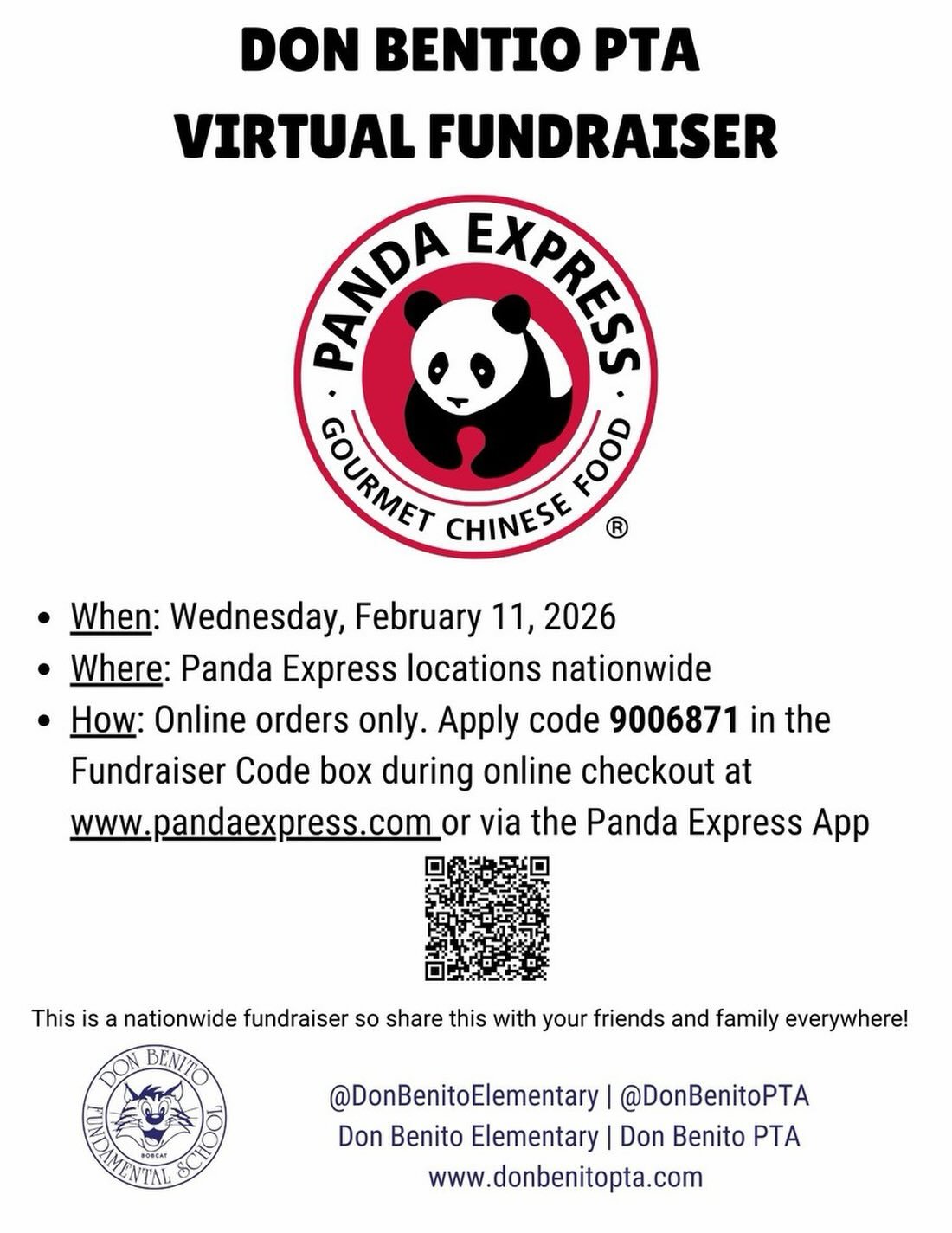 Let panda take care of dinner tomorrow night! 🥡🥠

Panda Express is giving Don Benito 28% of the proceeds for all ONLINE orders tomorrow, February 11. Just be sure to use the code 9006871 at checkout.

 This is valid at any location! Order online an
