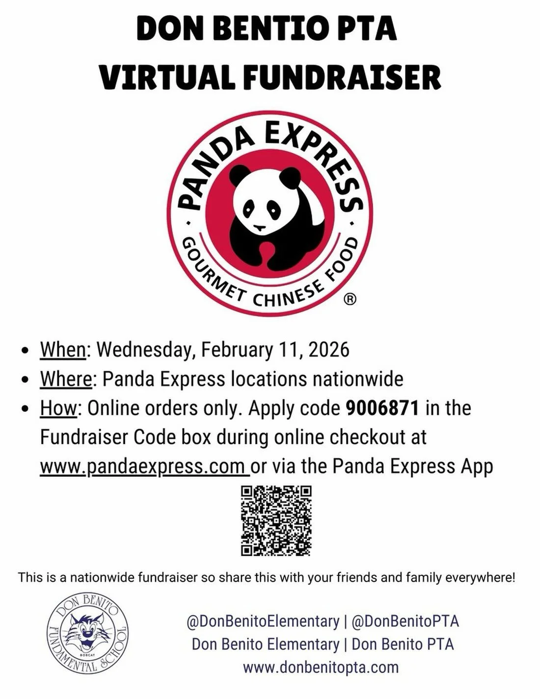 Let panda take care of dinner tomorrow night! 🥡🥠

Panda Express is giving Don Benito 28% of the proceeds for all ONLINE orders tomorrow, February 11. Just be sure to use the code 9006871 at checkout.

 This is valid at any location! Order online an