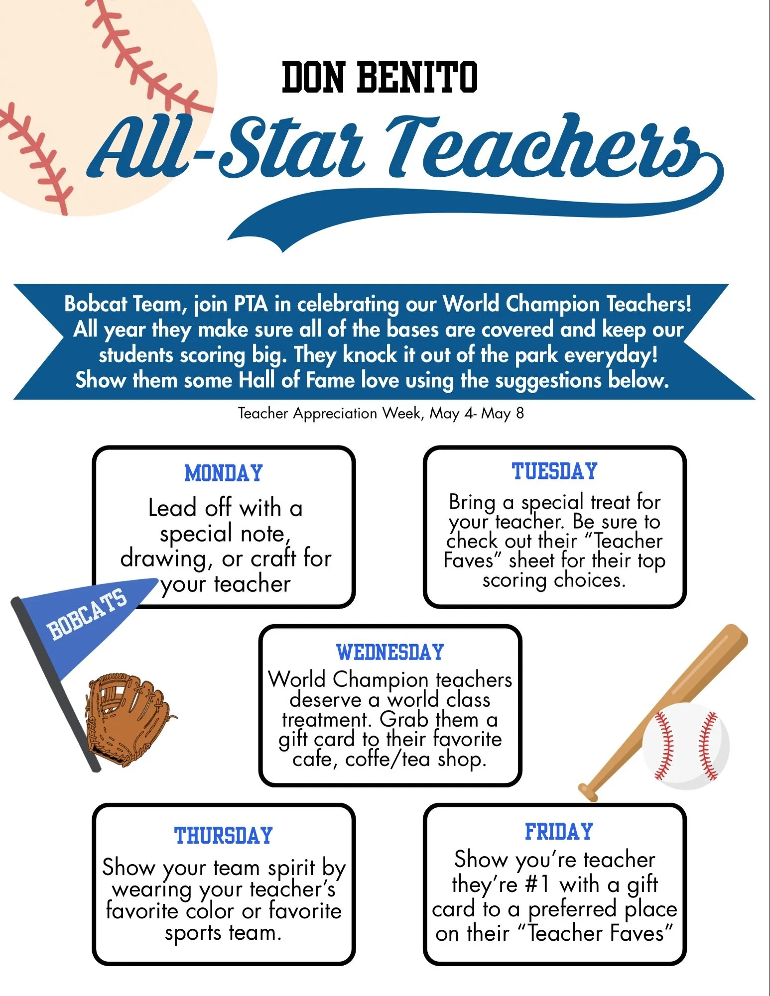 ⚾️🏟️🧢 Bobcat Team, we&rsquo;re so excited to celebrate our All-Star teachers next week! Teacher Appreciation Week is May 4th to May 8th. PTA will host a week long clubhouse experience for our Hall of Fame Teachers and you can join in on the fun!

T