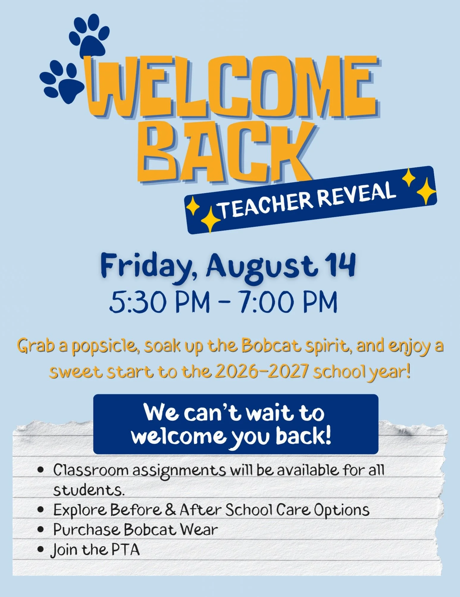 Good Times Ahead Bobcats!!!

We know the summer feeling is still going strong, but we can&rsquo;t wait to get back together with you all on Friday, August 14th for Teacher Reveal! #DonBenitoBobcats #DonBenitoPTA

&iexcl;Buenos Tiempos por delante, Bo