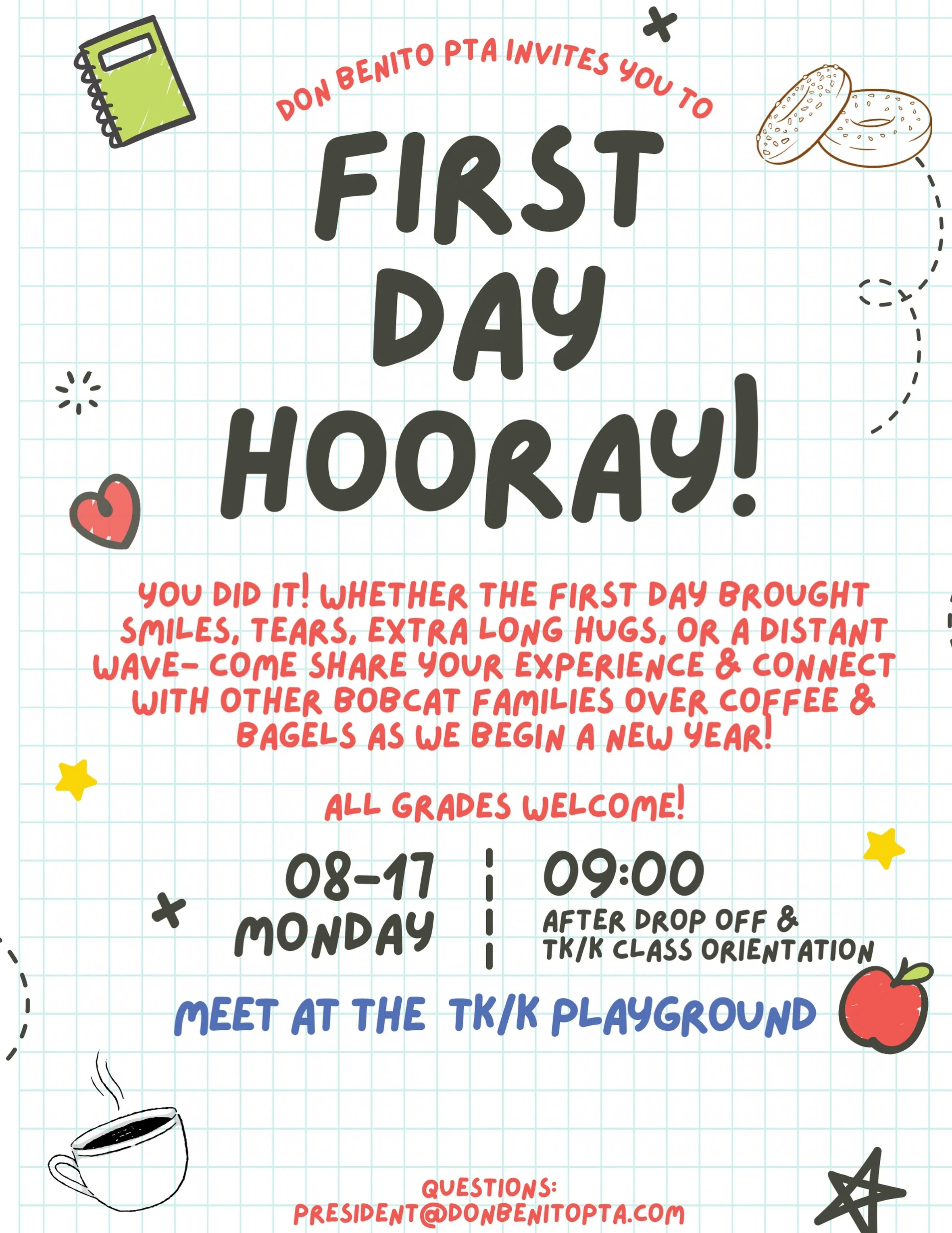 Hooray! We&rsquo;re (almost) back! 🐾

Don&rsquo;t forget to swing by the TK/K yard after drop off and TK/K class intros for some community connections over coffee &amp; bagels. See you soon Bobcat families!