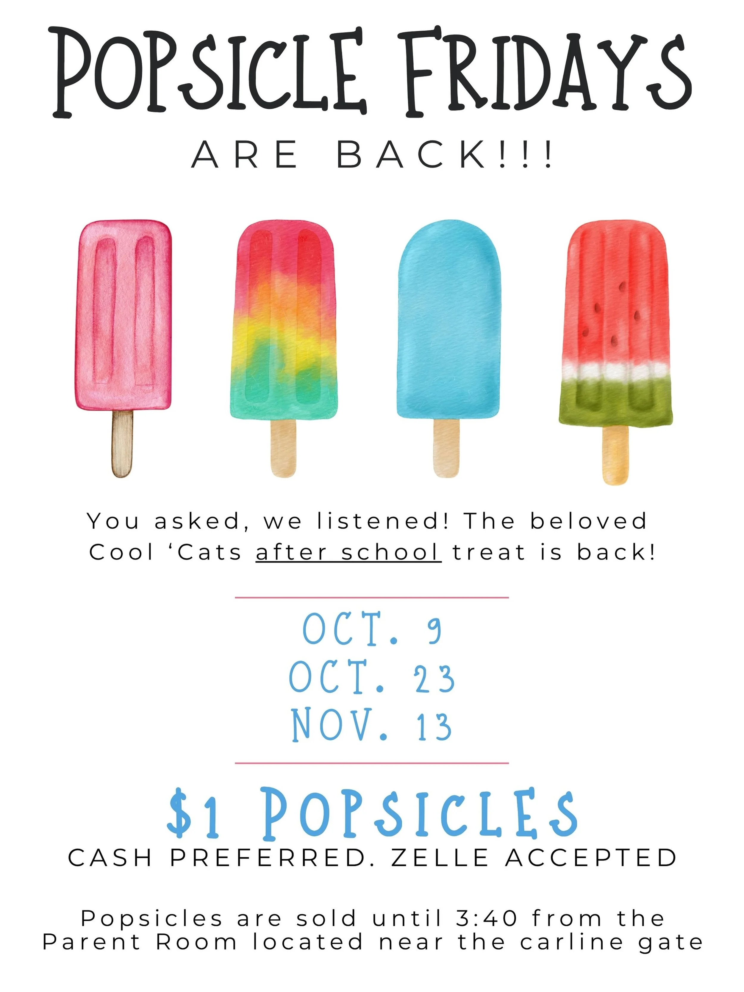 It may be fall but the sunny summer vibes are going strong&hellip; so by popular demand we are bringing back Popsicle Fridays! Longtime Bobcat families will remember this sweet &amp; cool 🍭 tradition, and PTA is excited to roll the freezer out and s