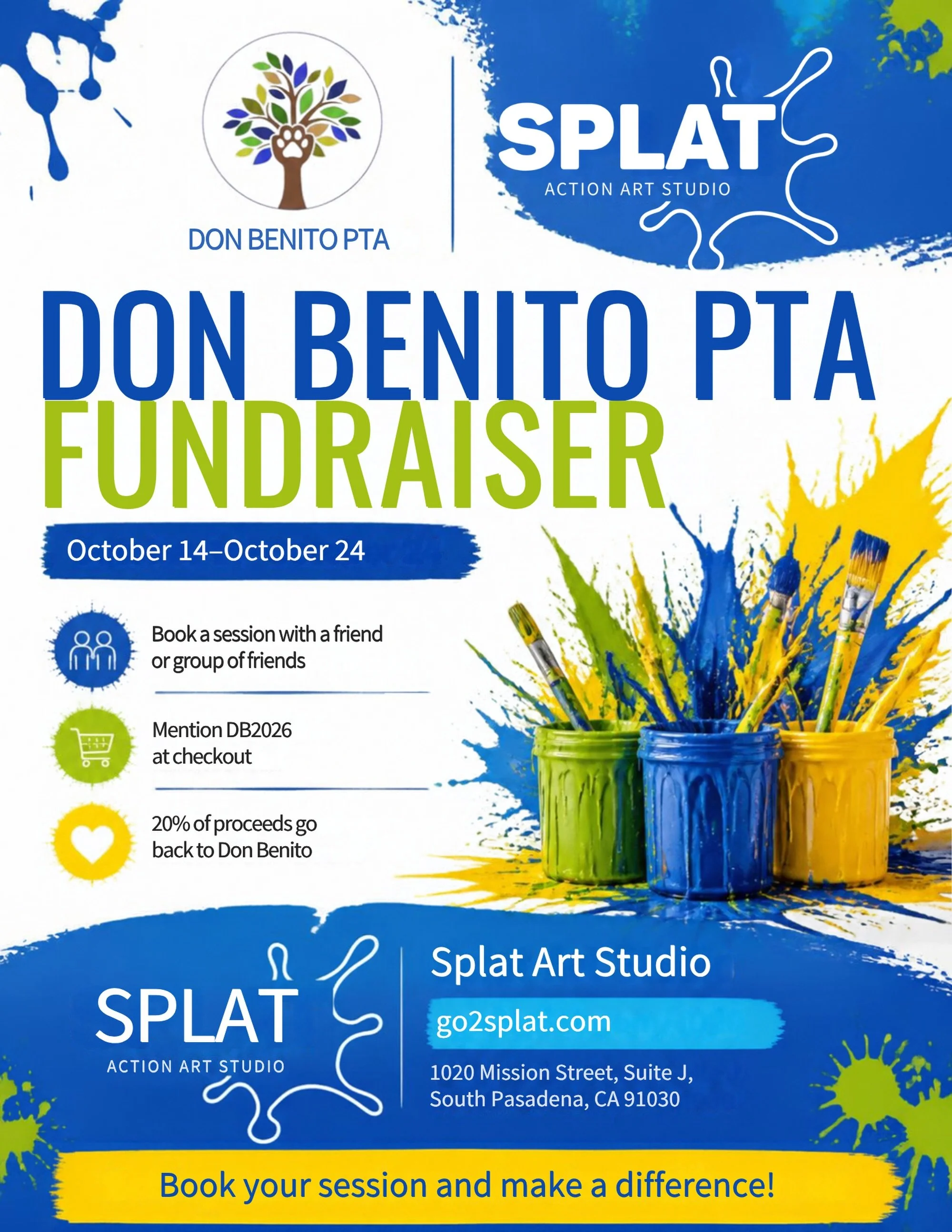 Tomorrow kicks off our 10 day fundraiser at @go2splat  Splat Art Studio in South Pasadena on Mission St. We&rsquo;re so excited to experience this creative, messy, full expression, open-ended paint studio with our Bobcat friends, in support of DB! Bo