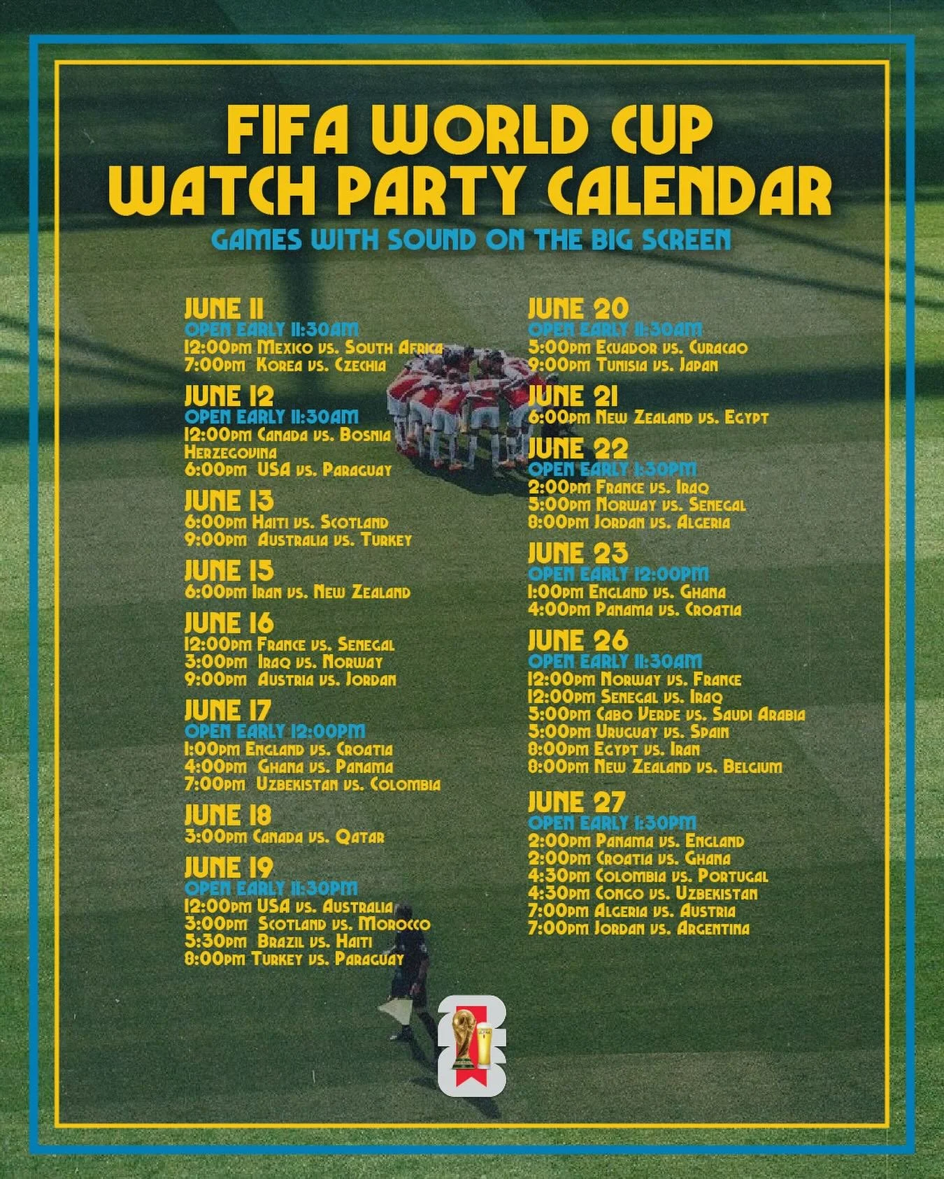 Save the date, pencil it in, mark your calendars. CLEAR YOUR SCHEDULE. 🗓️ ⚽️

FIFA watch party dates have officially landed. And with the biggest screen in Mount Pleasant we&rsquo;re bringing you all the action. 

🏆 Link in bio to reserve your tabl
