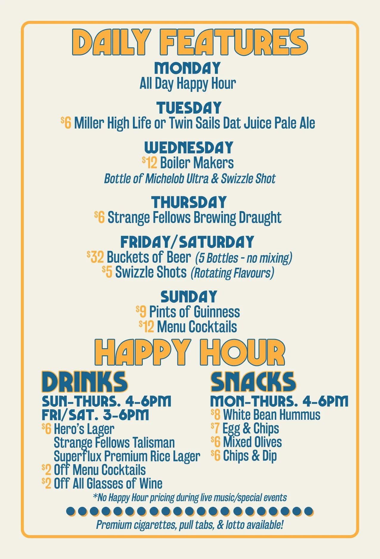 Weekly bar menu listing daily specials, drink and snack offers, and happy hour details, with sections for each day and categories for drinks and snacks.