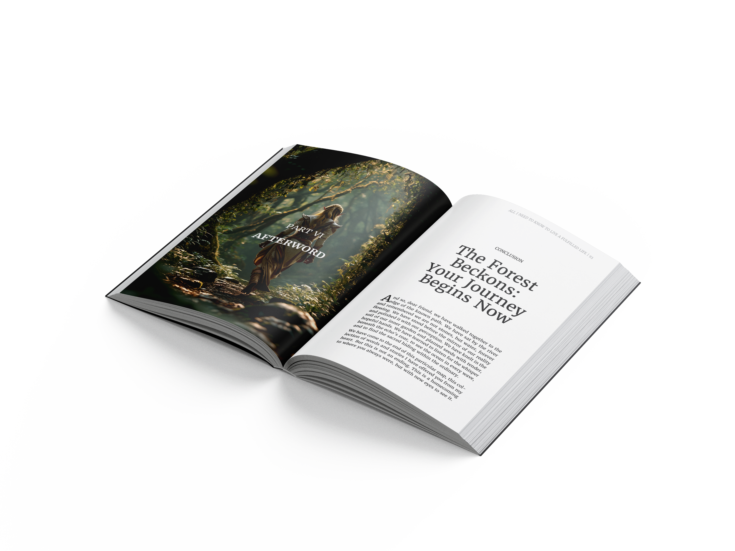An open book on a white surface showing a chapter titled 'The Forest Beckons: Your Journey Begins Now,' with another page indicating 'Part VI Afterword'.
