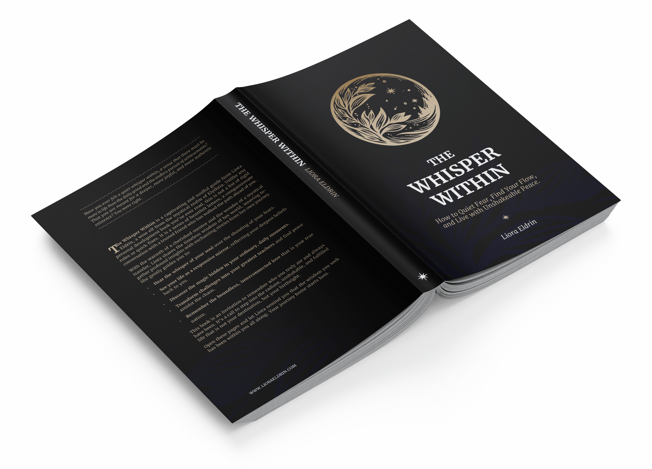 Open book titled "The Whisper Within" with a dark cover featuring a gold illustration of a moon with foliage, and text indicating it is about finding peace and living without fear by Liora Eldrin.