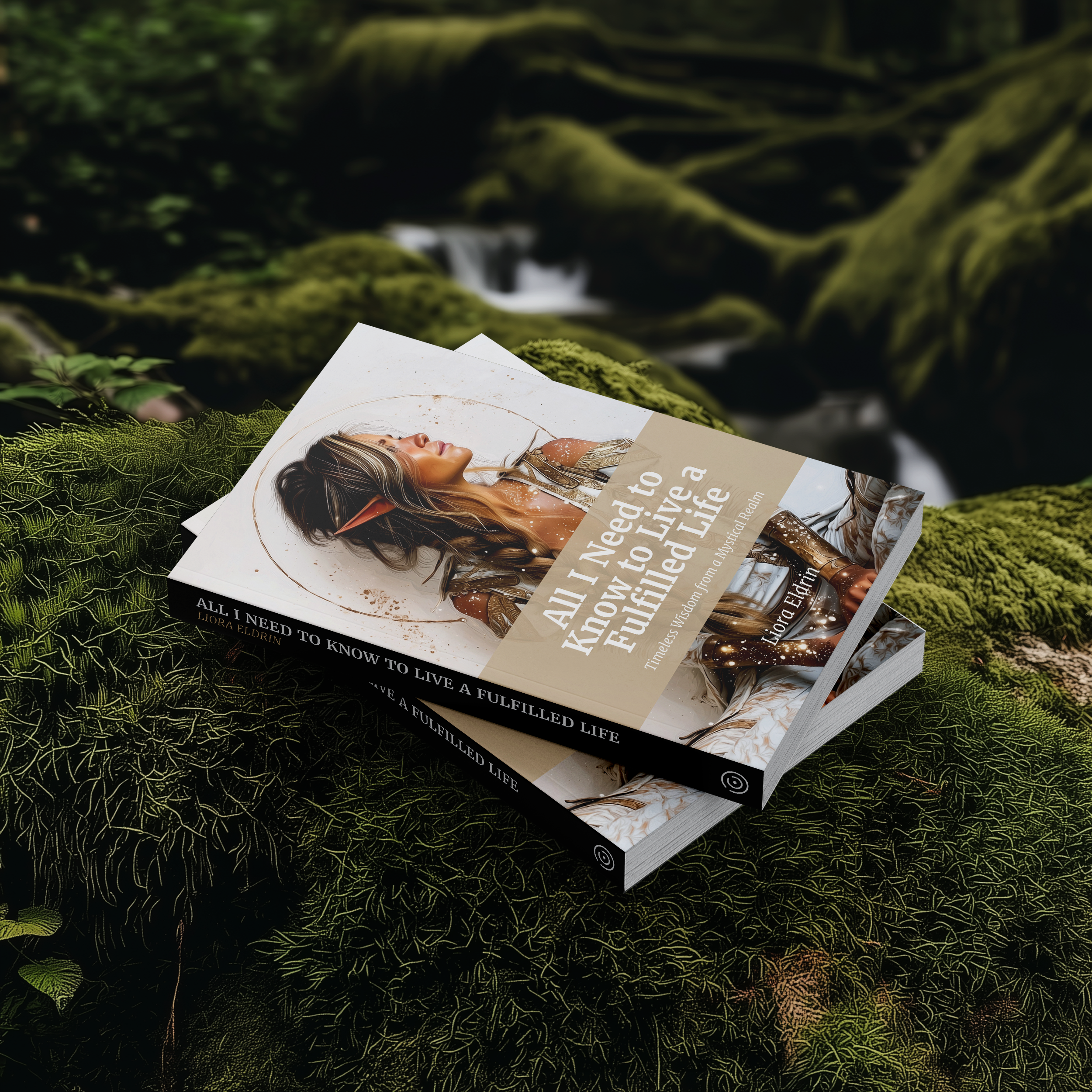 A book titled "All I Need to Know to Live a Fulfilled Life" by Liora Eldrin is placed on moss-covered rocks in a lush, green forest with a small stream in the background.