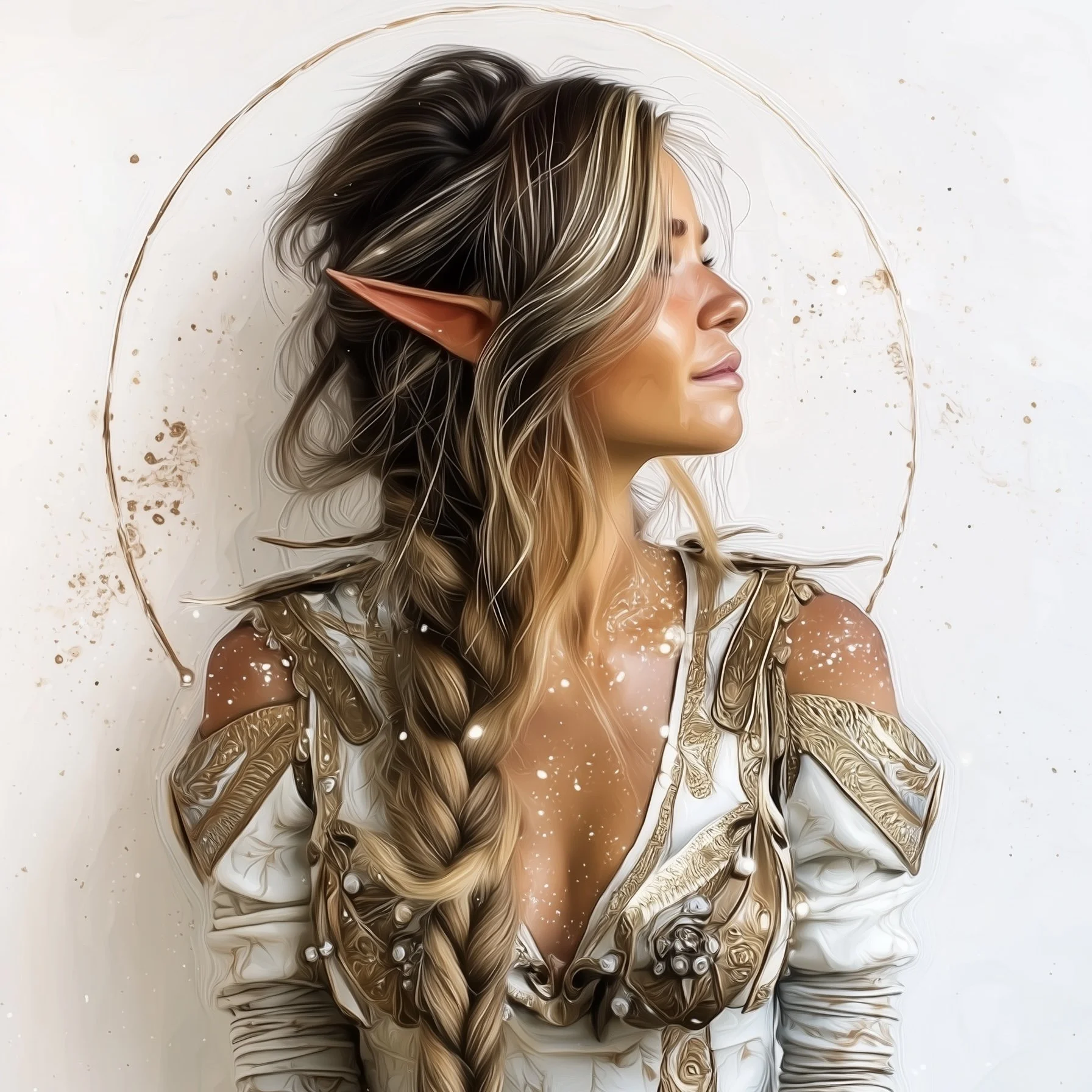 Digital art of a fantasy elf woman with long braided hair, pointed ears, and ornate gold armor, standing against a white background.