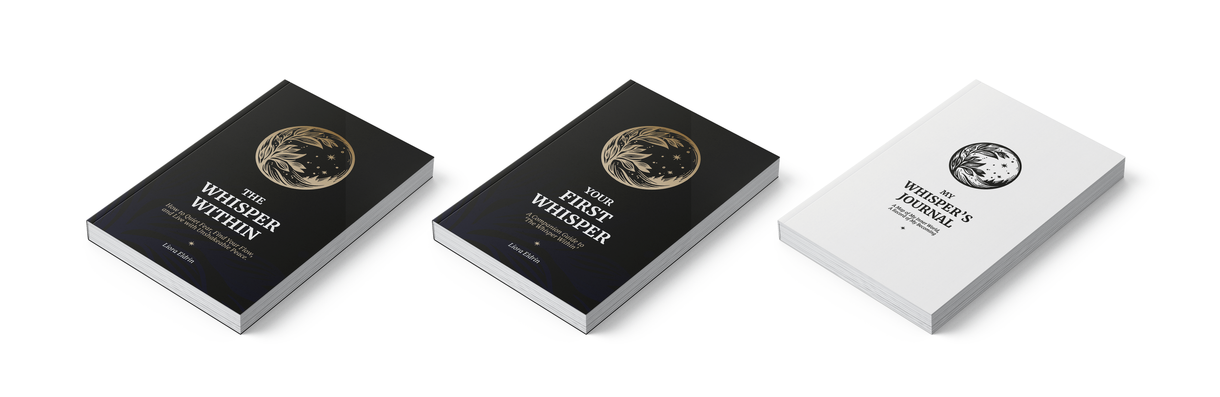 Three books related to the Whisper of the Heart series, with two having black covers and gold design and one with a white cover and black design, all featuring moon and star illustrations.