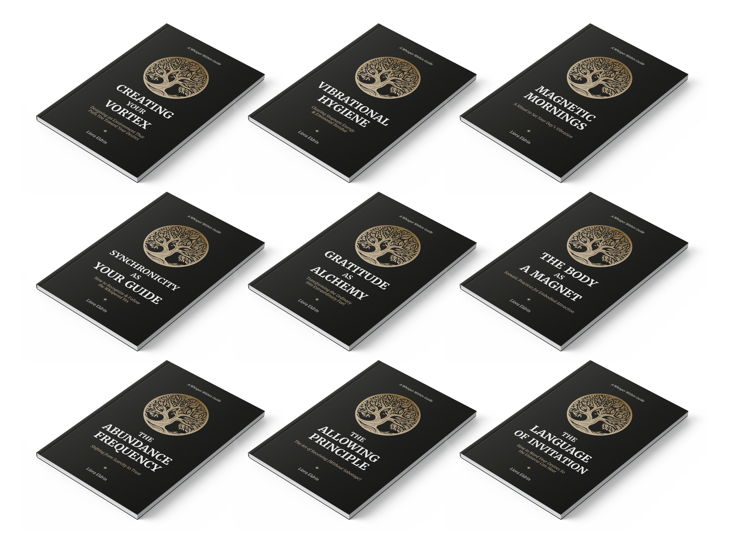 Collection of nine black booklets titled 'A Unique Inner Guide' with a gold tree logo on the cover, arranged in a grid pattern. Each booklet has a different title related to emotional and mental well-being, including 'Creating Your Vortex,' 'Vibrational Hygiene,' 'Magnetic Mornings,' 'Synchronicity as Your Guide,' 'Gratitude as Alchemy,' 'The Body as a Magnet,' 'The Abundance Frequency,' 'The Allowing Principle,' and 'The Language of Invitation.'