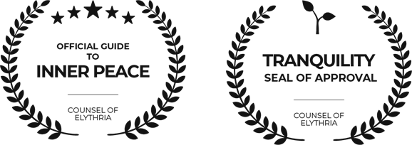 Two seals from the Counsel of Elythria: one labeled "Official Guide to Inner Peace" and the other "Tranquility Seal of Approval," each surrounded by laurel wreaths.
