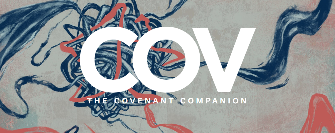 An abstract illustration with intertwined black, red, and navy blue lines, overlaid with the text 'COV The Covenant Companion' in large white letters.