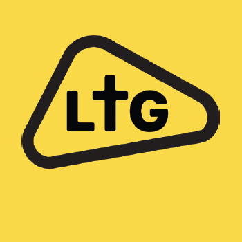 Yellow background with black outlined triangle containing the letters 'LTG'