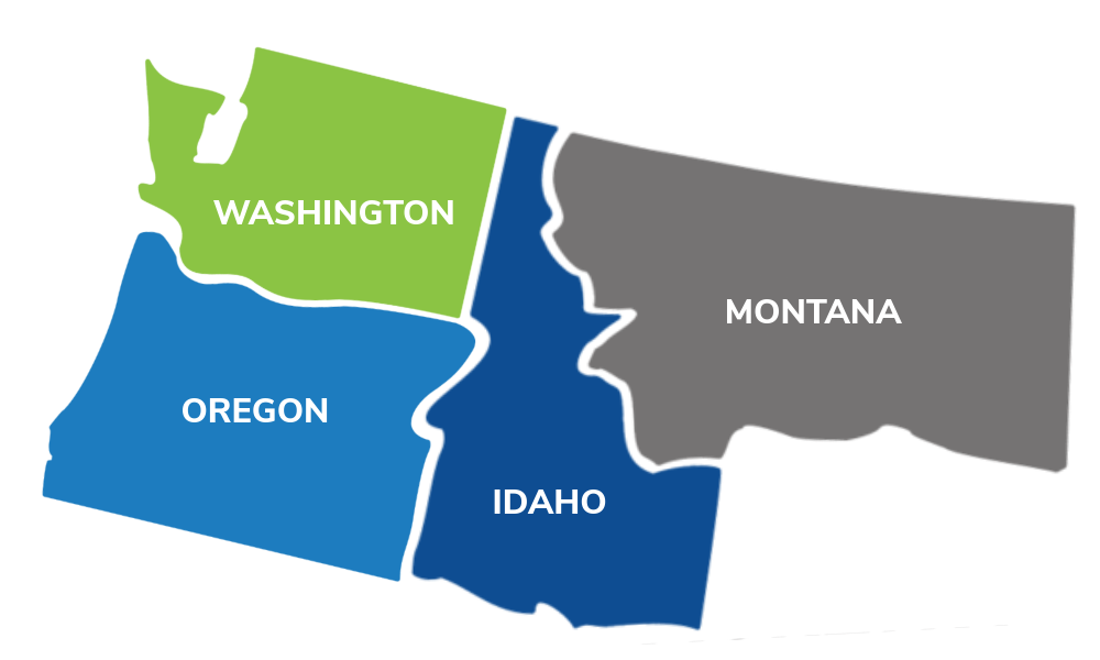Map of the northwestern United States showing Washington in green, Oregon in blue, Idaho in dark blue, and Montana in gray.