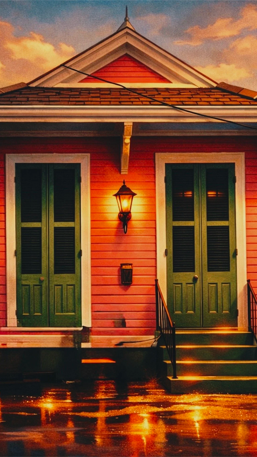 A creole cottage house with pink horizontal siding, green shutters on the windows, a porch with stairs, and a lantern-style light fixture illuminating the front. The reflection of the house is visible on a wet surface.