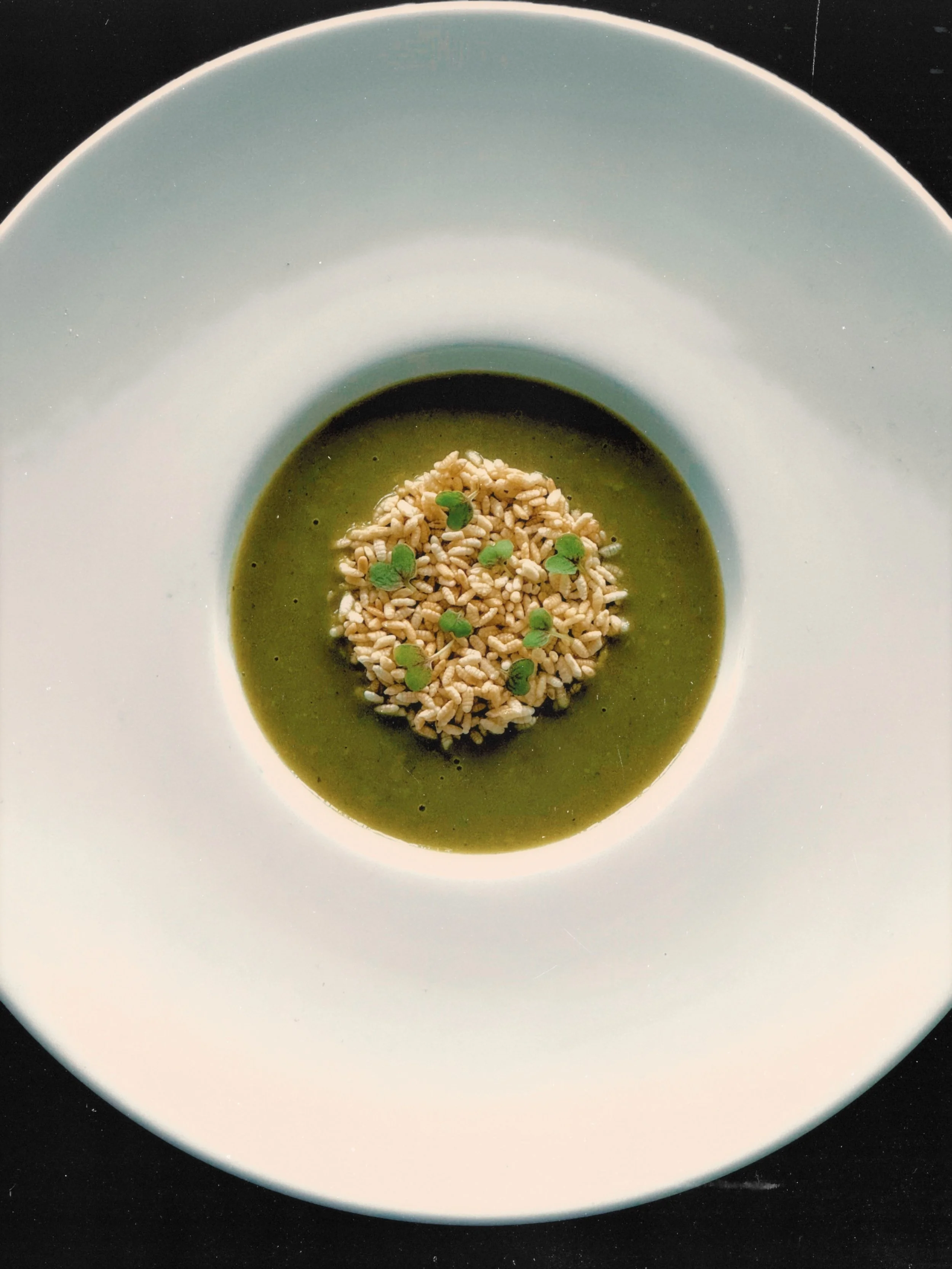 A white plate with a green gumbo topped with rice and small green microgreens.