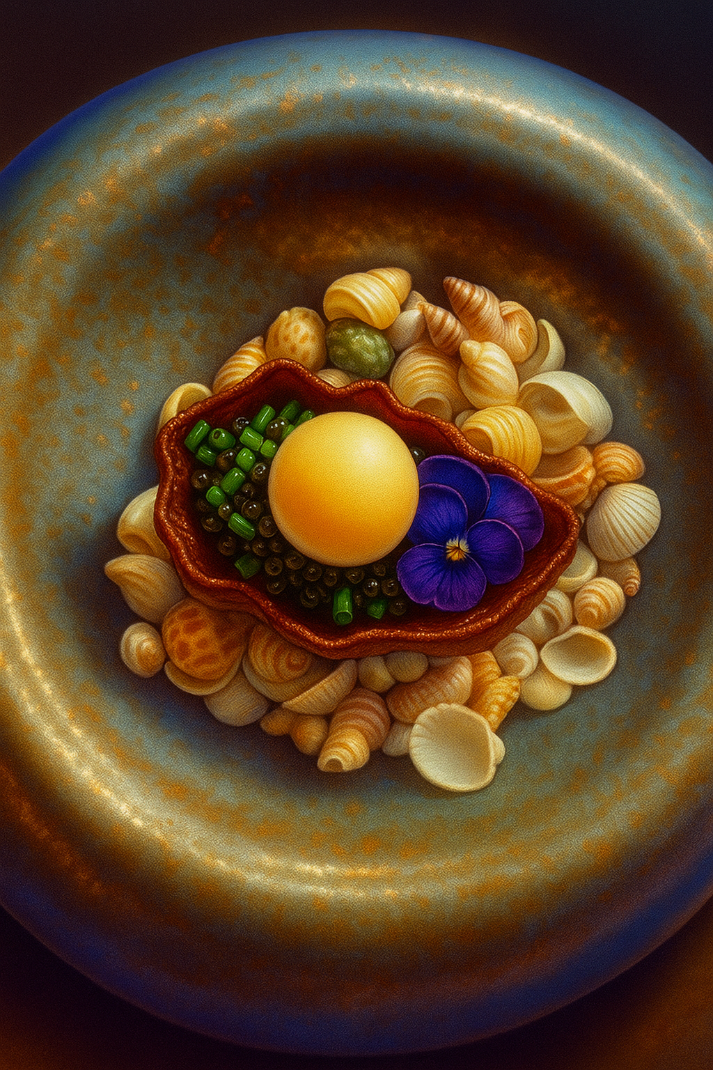 An illustration of an oyster  on a bed of seashells inside a decorative bowl, with purple flowers and caviar