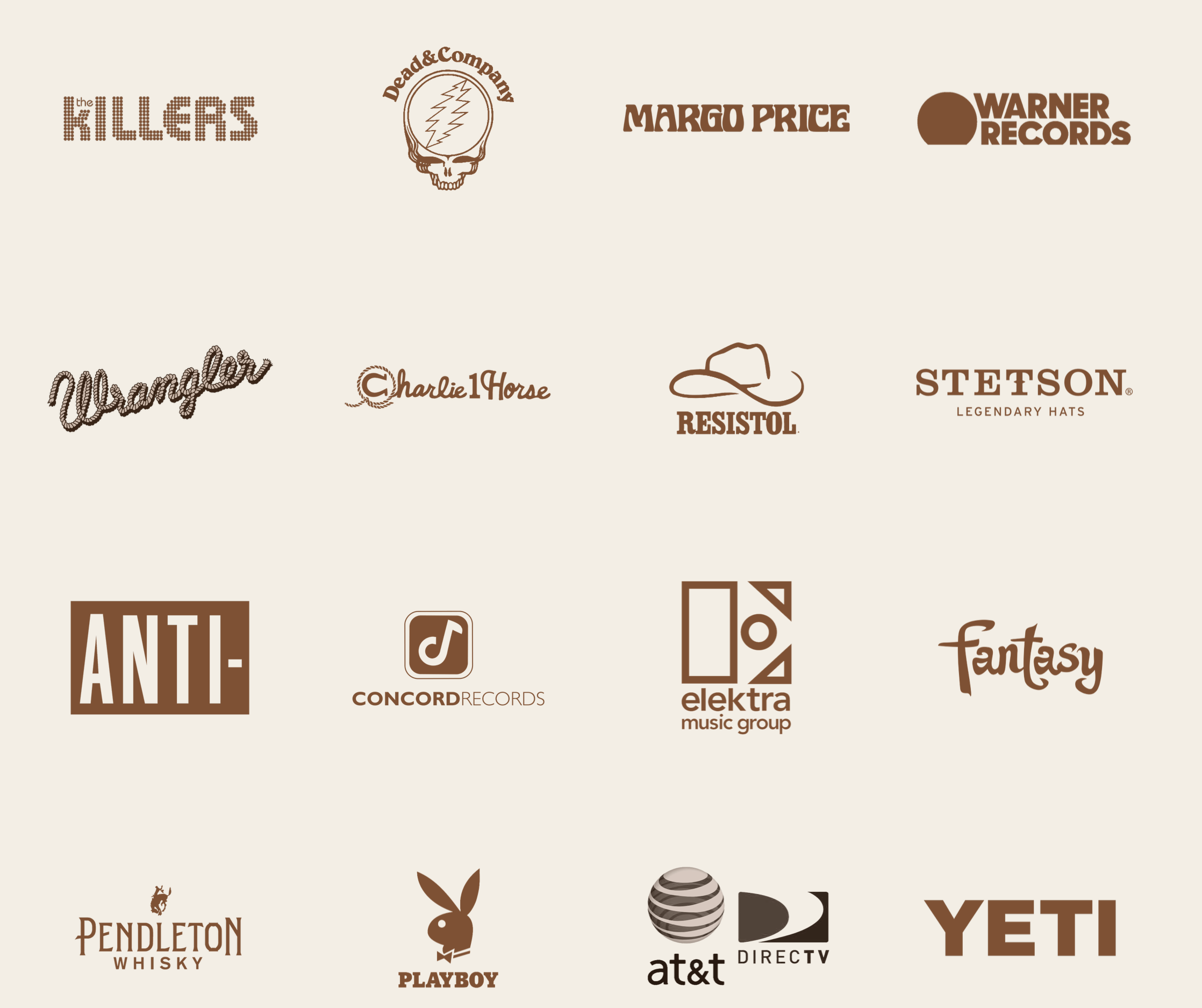 RECENT CLIENTS INCLUDE THE KILLERS, DEAD & COMPANY, MARGO PRICE, WARNER RECORDS, WRANGLER, CHARLIE 1 HORSE, RESISTOL, STETSON, ANTI-, CONCORDE RECORDS, ELEKTRA MUSIC GROUP, FANTASY, PENDLETON WHISKY, PLAYBOY, AT&T, DIRECTV, YETI