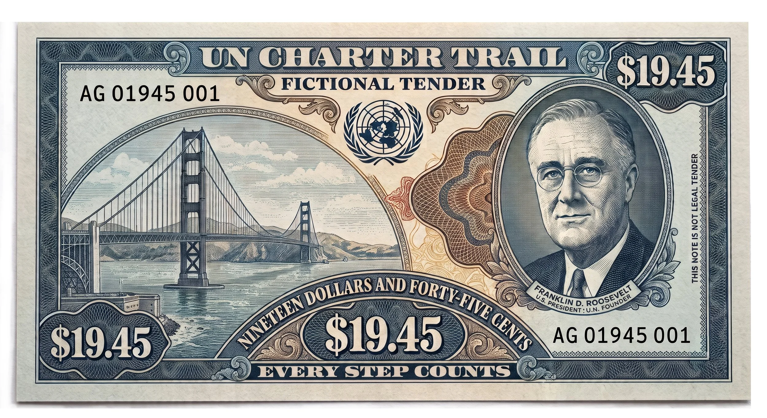 A vintage-style doctored dollar bill, featuring the Golden Gate Bridge and a portrait of Franklin D. Roosevelt, with text indicating it is a fictional tender valued at 19.45 dollars.