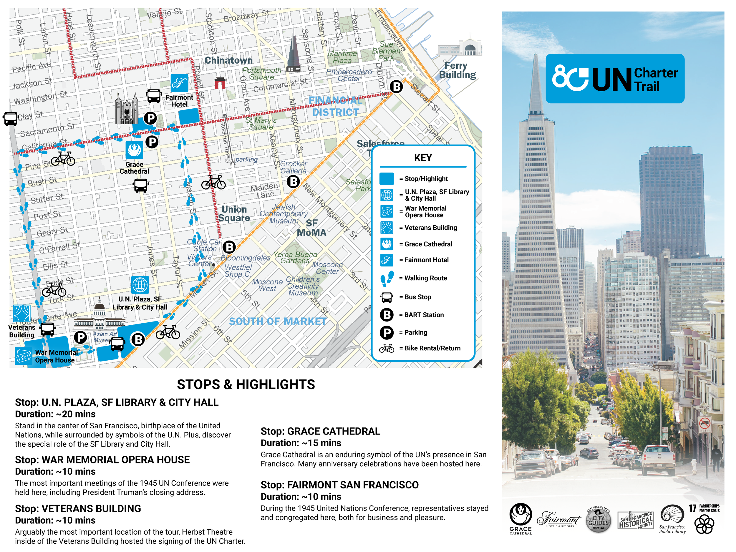 Map of a San Francisco city tour highlighting stops including U.N. Plaza, War Memorial Opera House, Veterans Building, Grace Cathedral, and Fairmont Hotel, with icons for transportation options and routes.