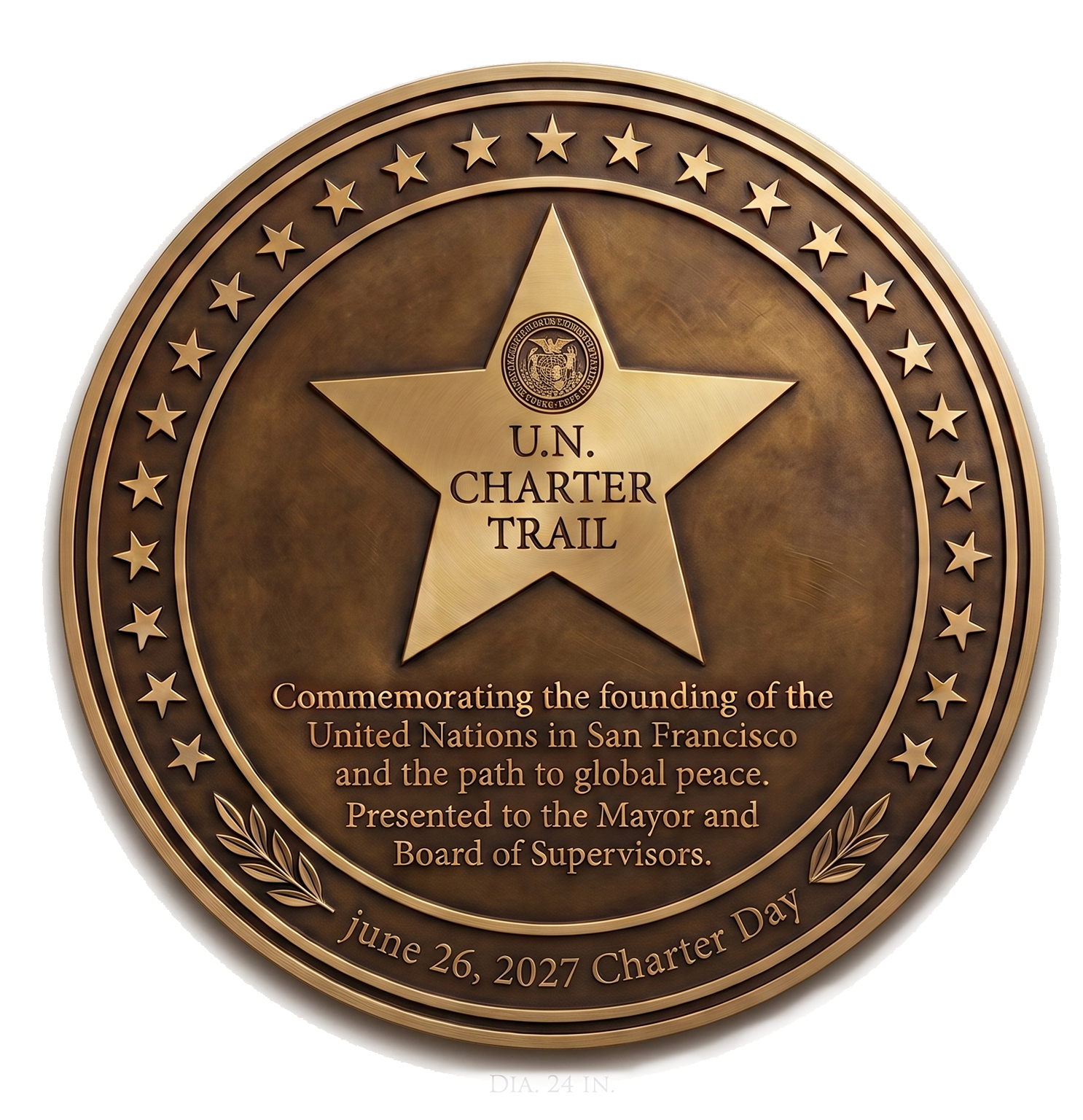 A commemorative bronze-colored plaque with a large star in the center, inscribed with "U.N. CHARTER TRAIL." Around the star, text reads "Commemorating the founding of the United Nations in San Francisco and the path to global peace. Presented to the Mayor and Board of Supervisors." The plaque has a decorative border with small stars and laurel leaves, and mentions the date June 26, 2027, as Charter Day.