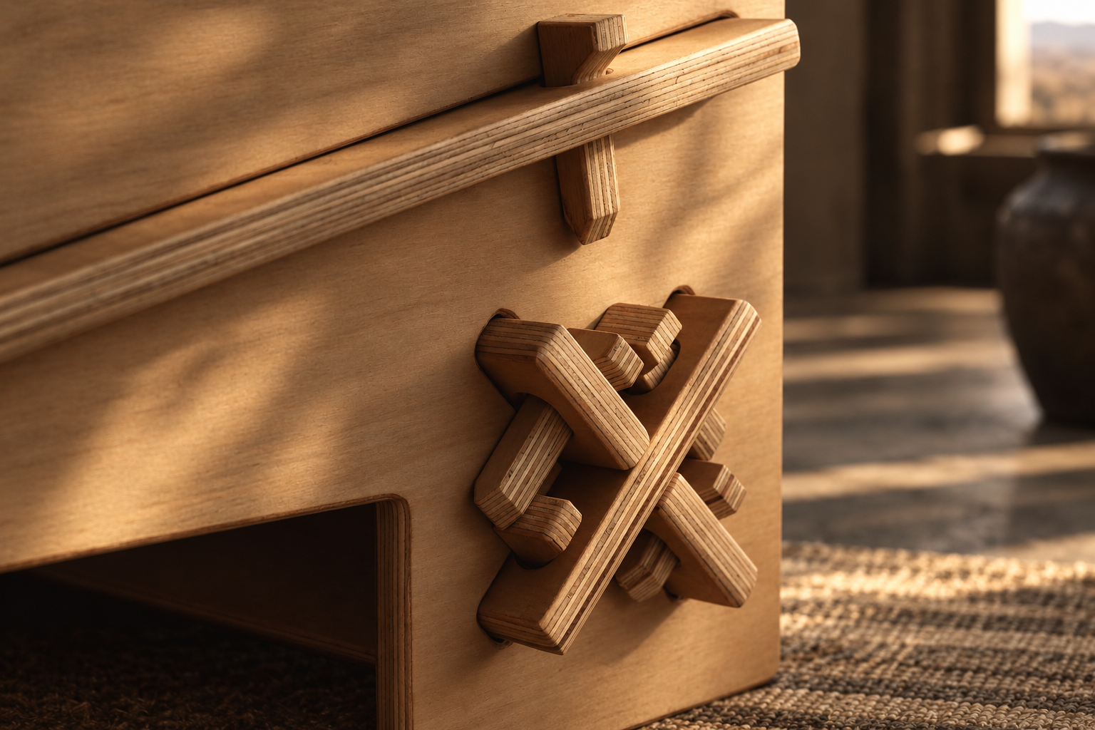Wooden furniture pieces with interlocking joinery