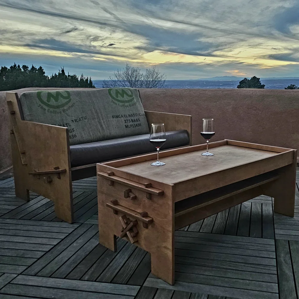 Mustang Home Goods flat-pack couch in an outdoor setting.