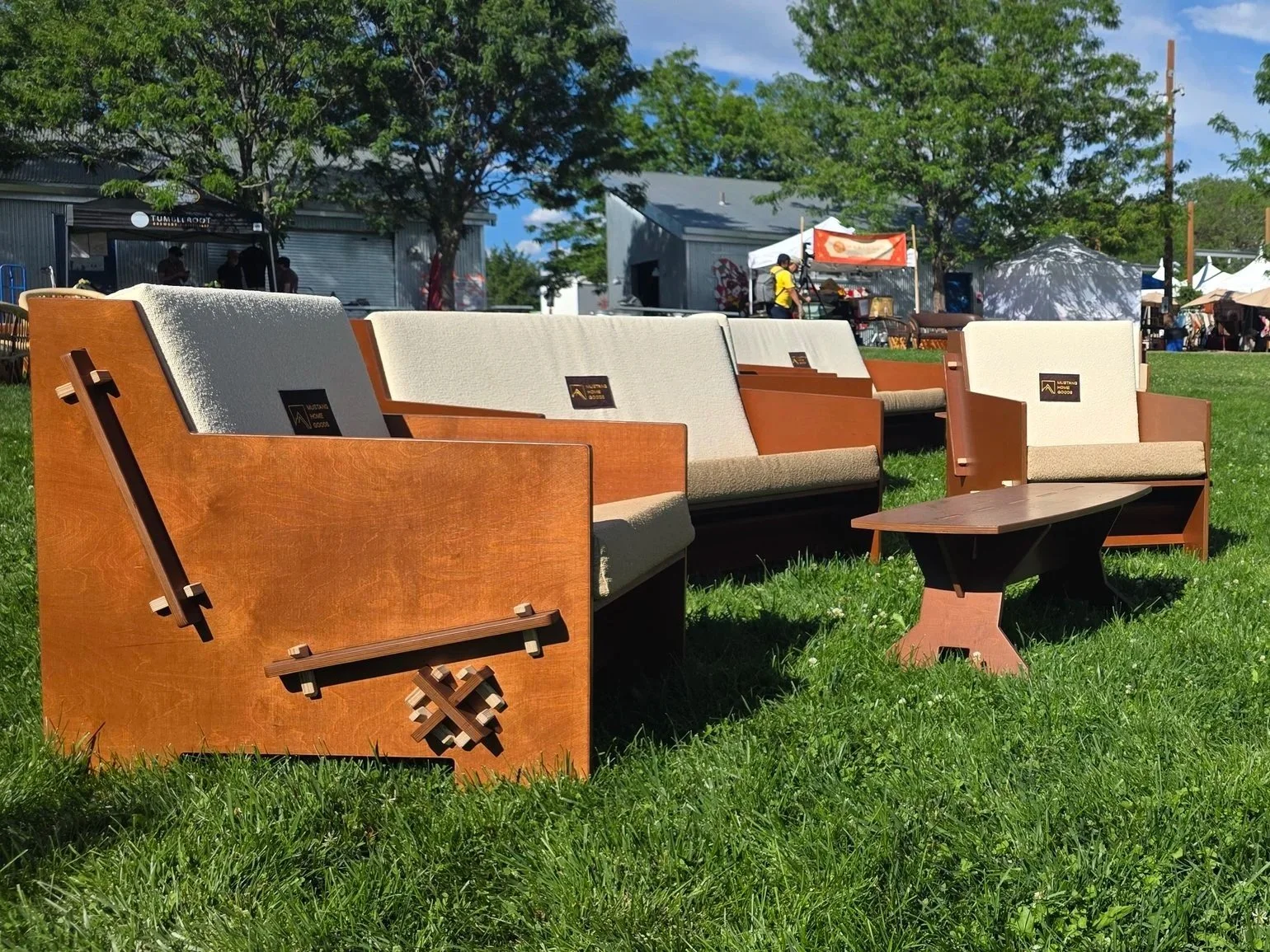 Flat-pack furniture showcased outdoors.