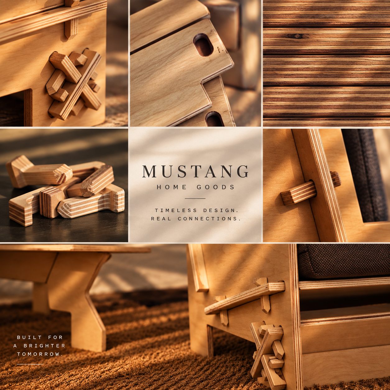 Mustang Home Goods flat-pack furniture details shown in a collage