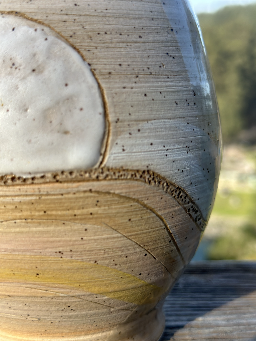 Close-up of a wooden object with a glass component, outdoors with blurred nature background.
