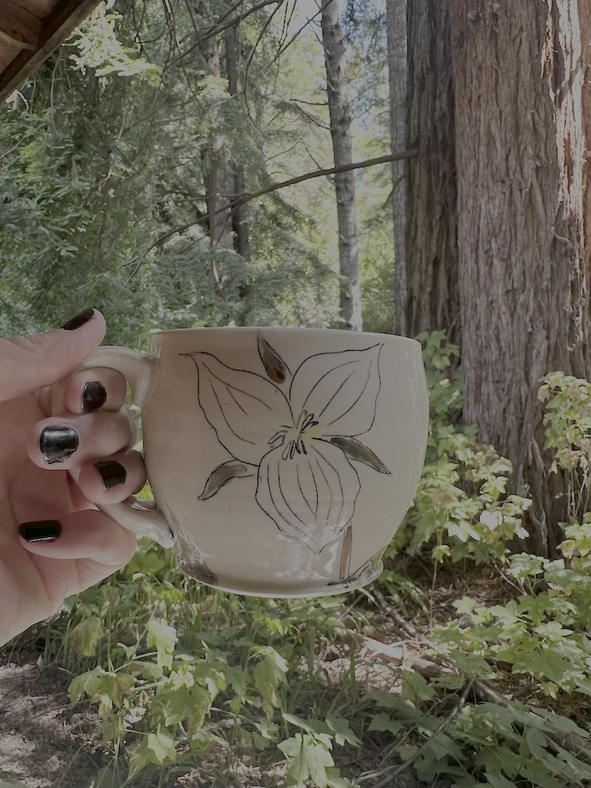 Hand holding a ceramic mug with a floral design, outdoors in a forested area with trees and green plants.
