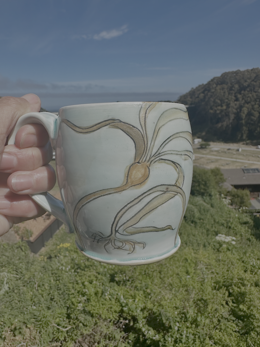 Hand holding a ceramic mug with a floral design, with a scenic landscape of green trees, hillside, and a blue sky with clouds in the background.