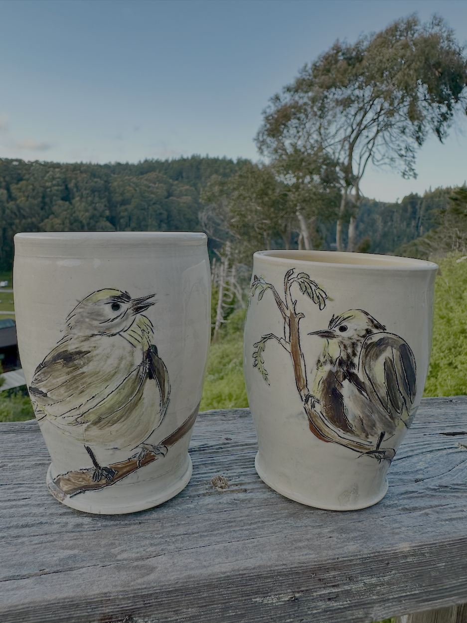 Two ceramic cups painted with bird illustrations sit on a weathered wooden surface outdoors, with trees and a hilly landscape in the background.