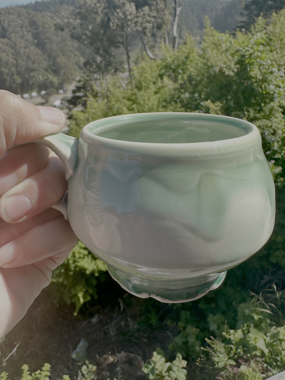 A hand holding a ceramic mug filled with a green liquid outdoors with green trees and hills in the background.